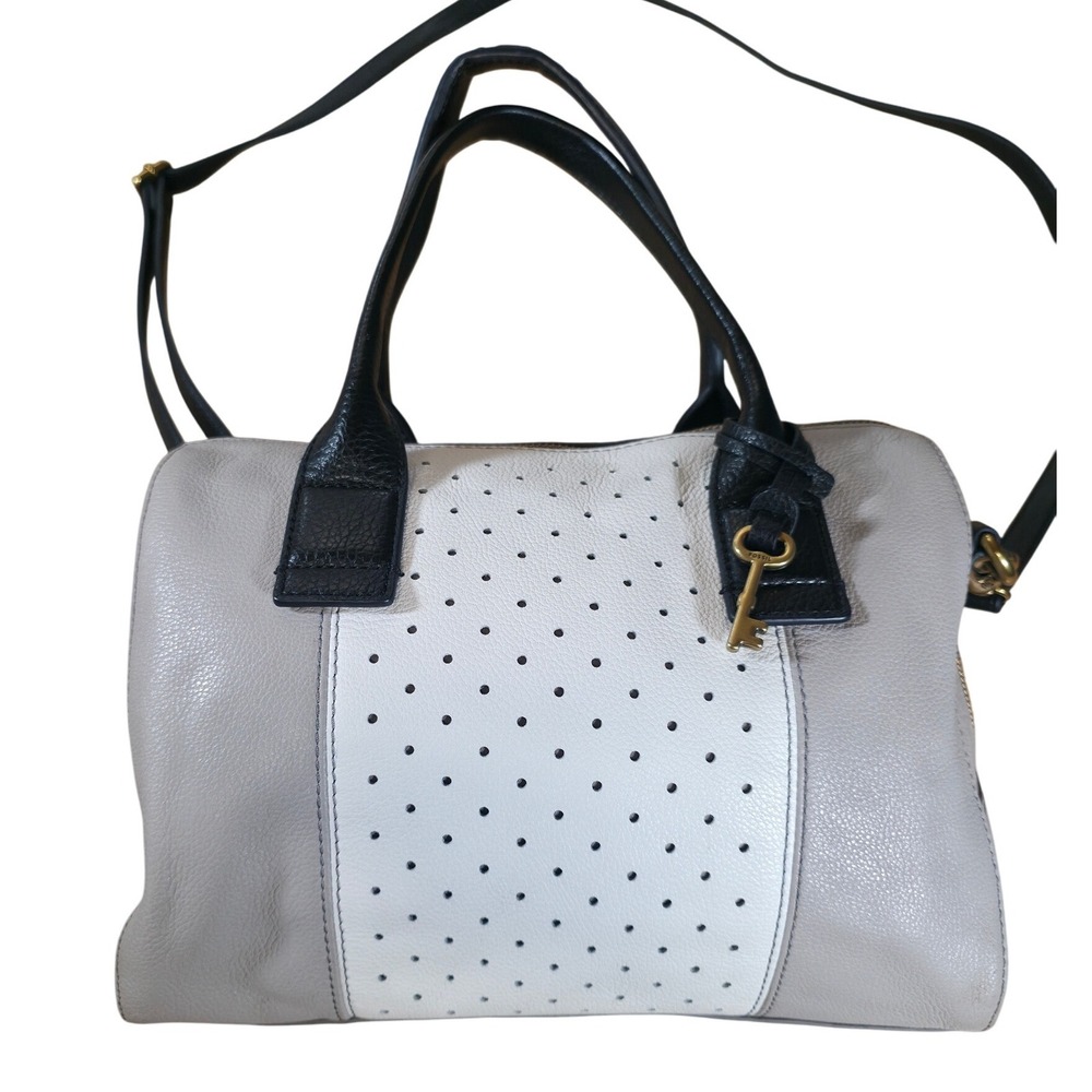 Fossil Jori Large Satchel Purse Gray White Leather Handbag Top Handle Bag w/ Key